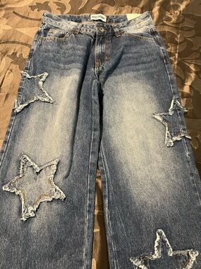 NWT DISCLOSURE Women's Blue Star-Accent Patch Wide Leg Denim Jeans Y2K 5/27